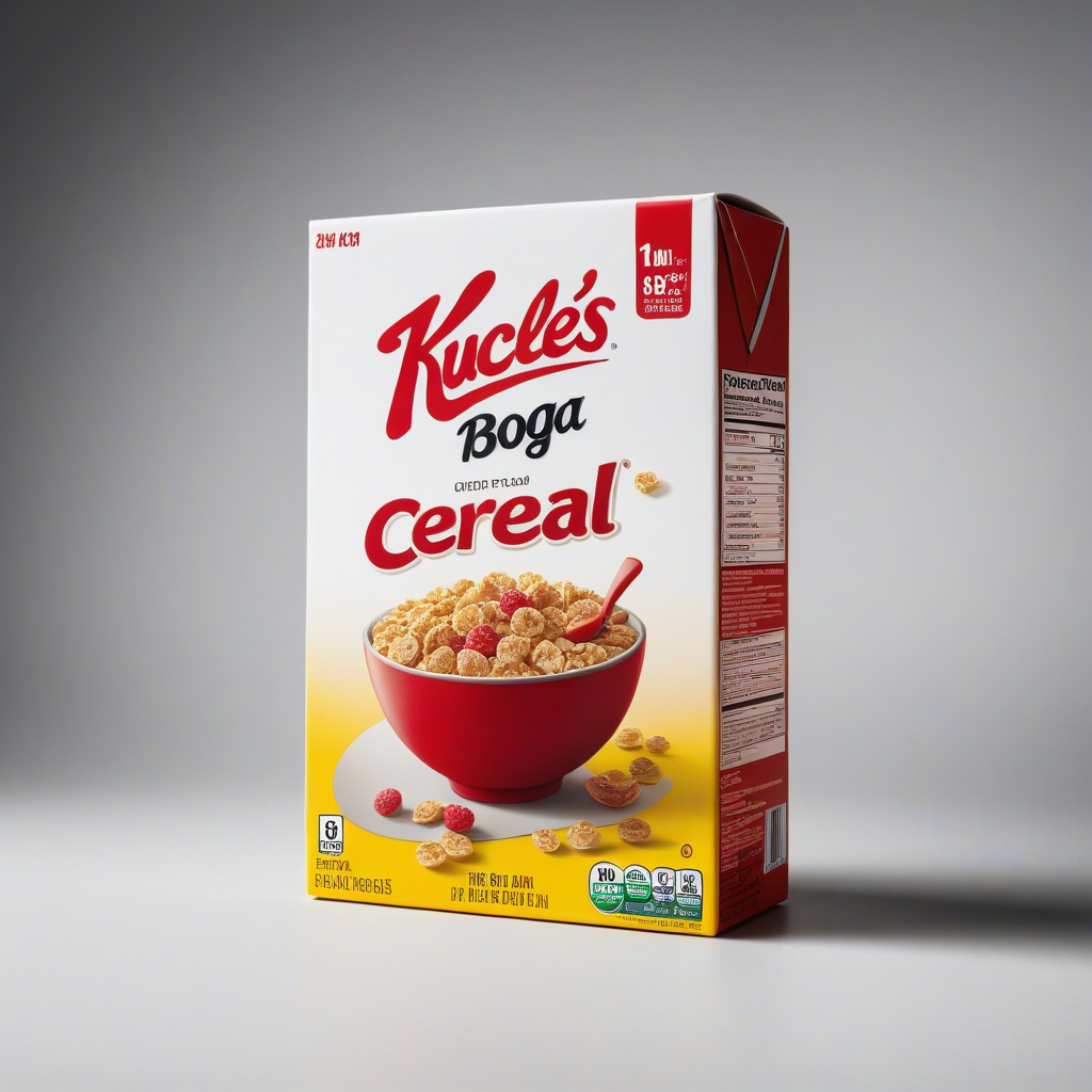 Boîte de céréales Kuslés Boga Cereal avec une cuillère dans un bol rouge