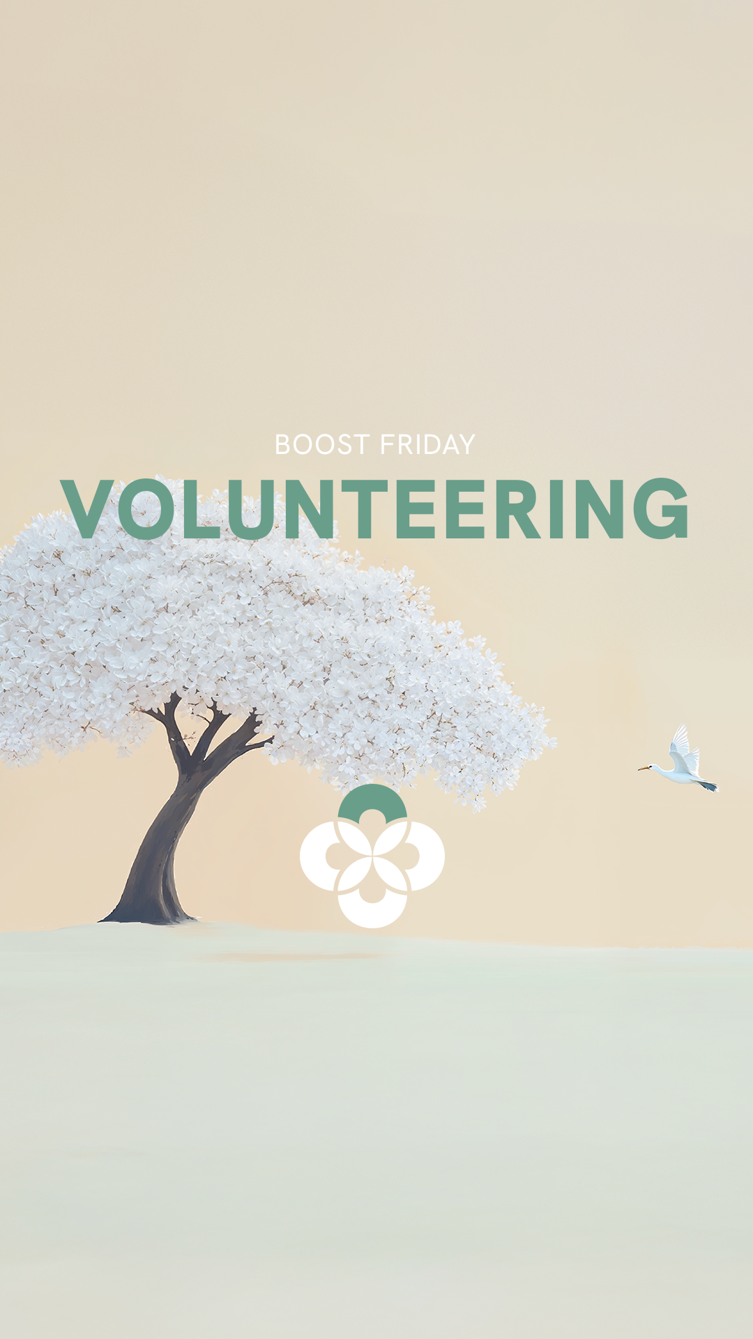 Une affiche promotionnelle avec un arbre en fleurs blanches, un oiseau en vol et un logo floral, pour un événement de bénévolat organisé par Boost Friday.