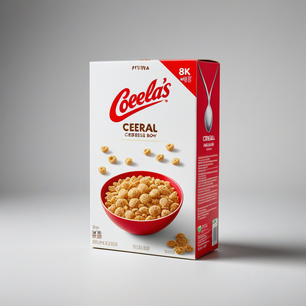 Boîte de céréales Coella's avec une cuillère dessus et un bol de céréales devant. 