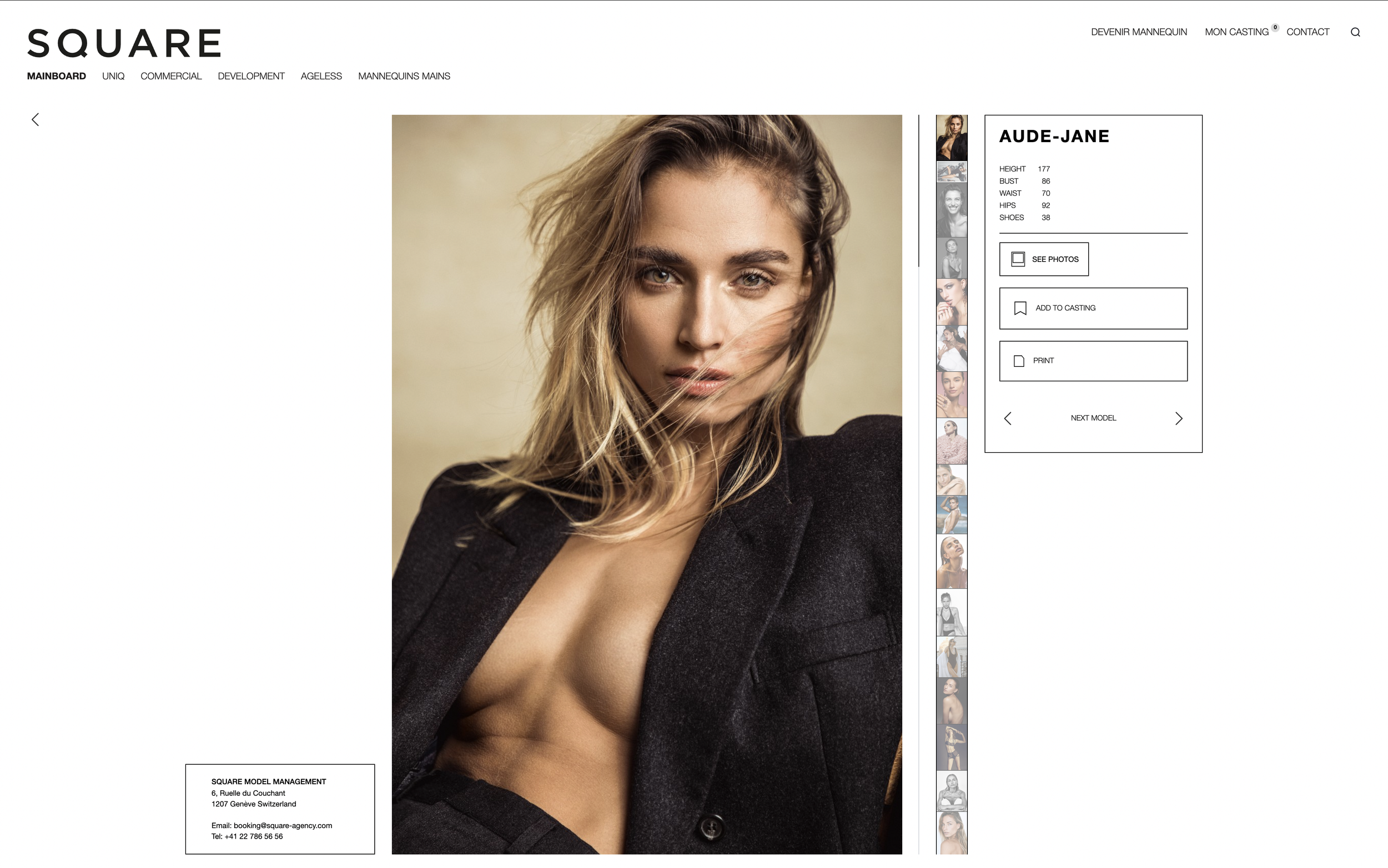 Portrait d'une femme avec des cheveux blonds, portant une veste noire, face à l'appareil, avec un fond beige clair.