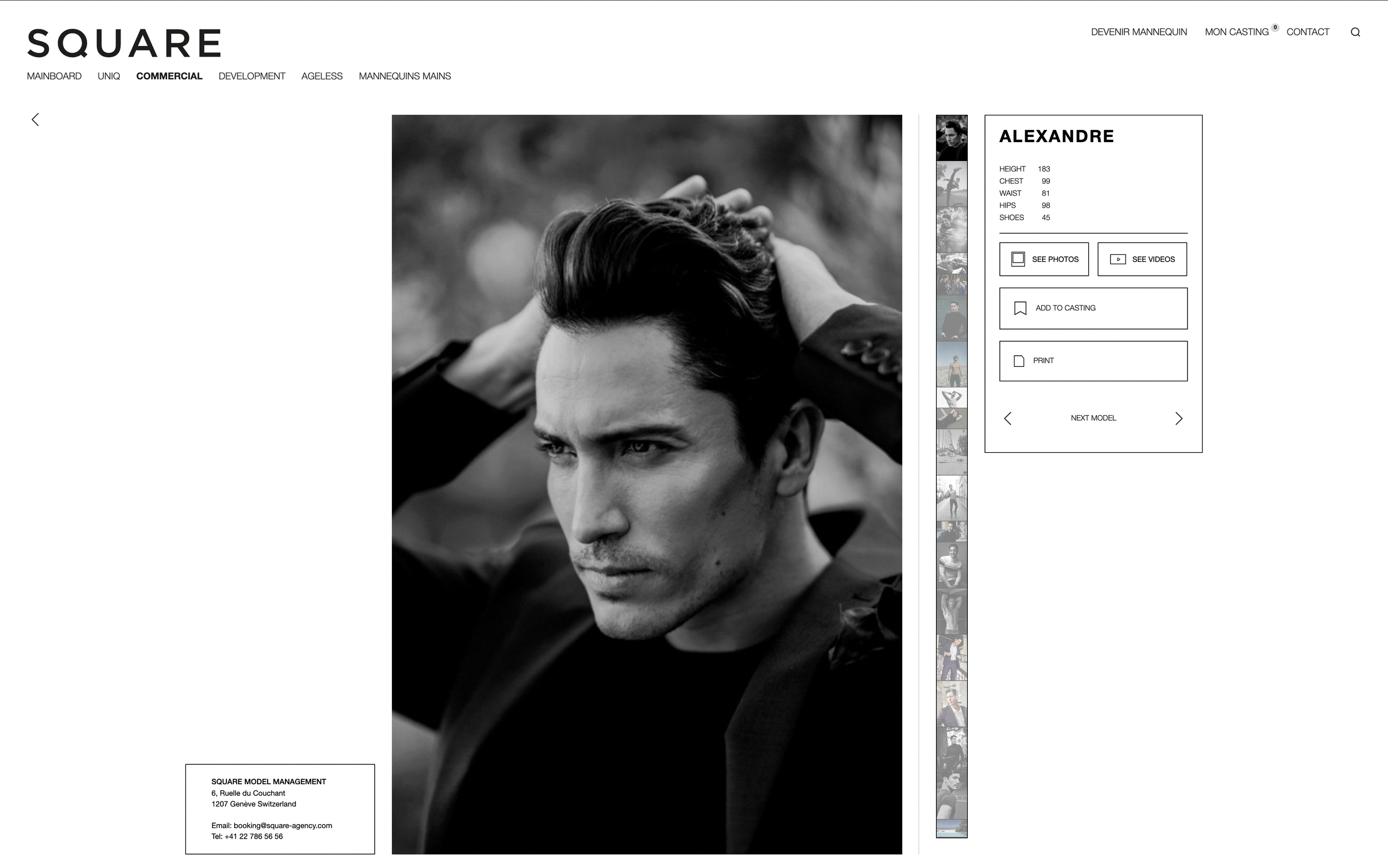 Page de profil d'un mannequin masculin,photo en noir et blanc, avec ses mains dans ses cheveux, regard intense, site de gestion de mannequins, détails du modèle Alexandre, options pour voir des photos, vidéos, ajouter au casting, imprimer, coordonnée