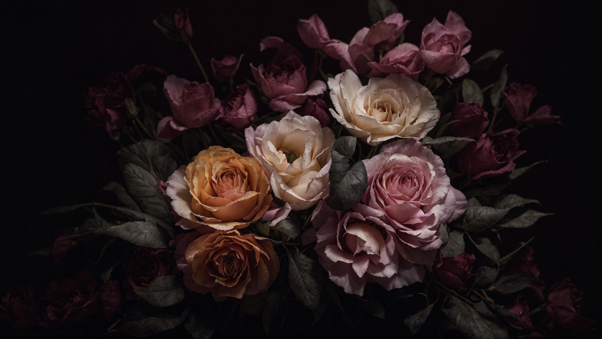 Un bouquet de roses aux couleurs pastel, avec des nuances de blanc, rose et orange, sur fond noir.