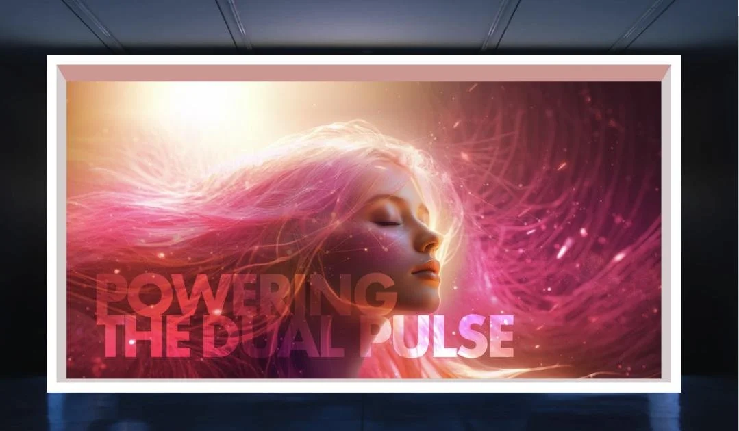 A digital artwork of a woman with closed eyes and flowing hair illuminated by warm light, with the text 'Powering the Dual Pulse' overlaid.
