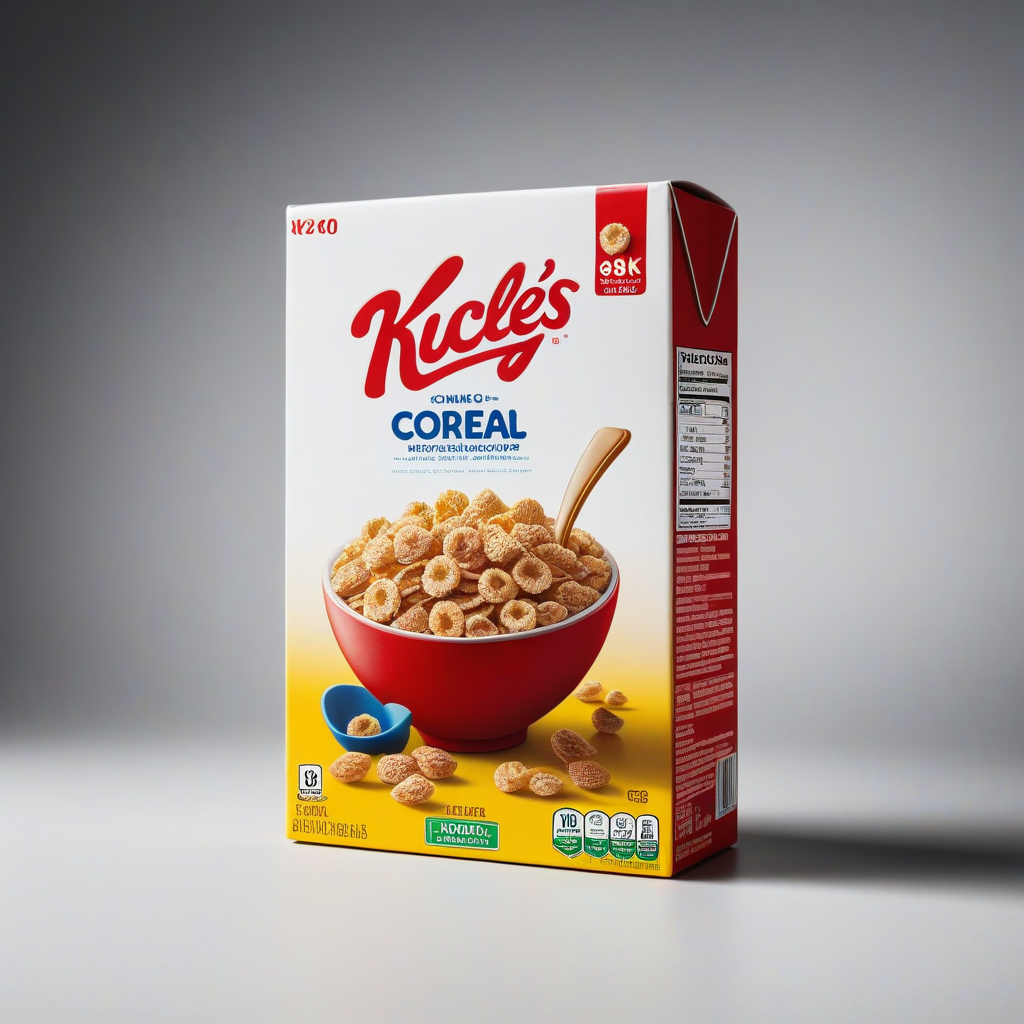 Boîte de céréales Kellogg's Cooreal avec un bol de céréales et une cuillère, sur un fond gris dégradé.