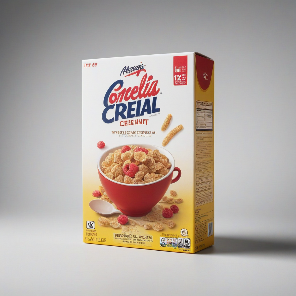 Boîte de céréales Coquelin Créal, saveur cerise, avec un bol rouge rempli de céréales, quelques céréales et fruits rouges autour sur un fond gris clair.