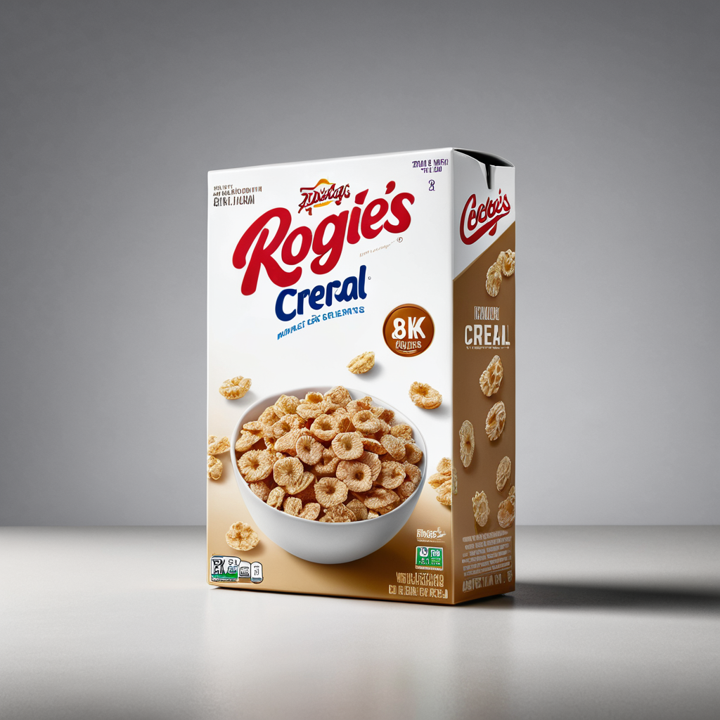 Boîte de céréales Rogié's Crereal en couleurs beige, blanc, rouge et bleu, avec un bol de céréales dans le devant