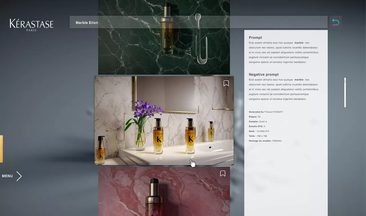Capture d'écran d'une page web montrant une interface de présentation de produits de marque beauté, avec des flacons de soins capillaires, un fond en marbre vert et un arrière-plan gris