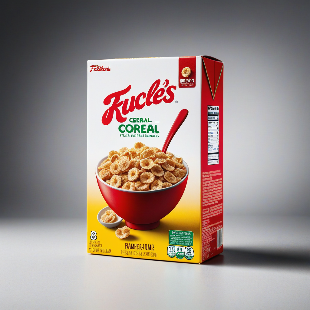 Boîte de céréales Kuclé's avec un bol de céréales et un lait d'avoine, fond gris