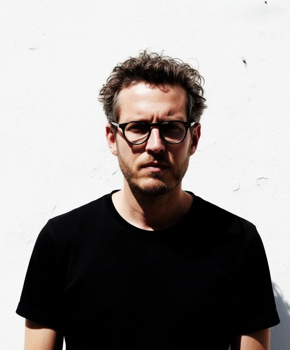 Jeune homme portant des lunettes noires et un t-shirt noir, se tenant devant un mur blanc, avec une expression sérieuse ou concentrée.