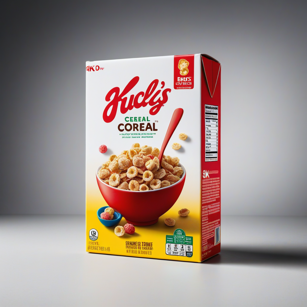 Boîte de céréales Kiucly's Cornflakes avec un bol de céréales à l'avant et un fond gris clair.