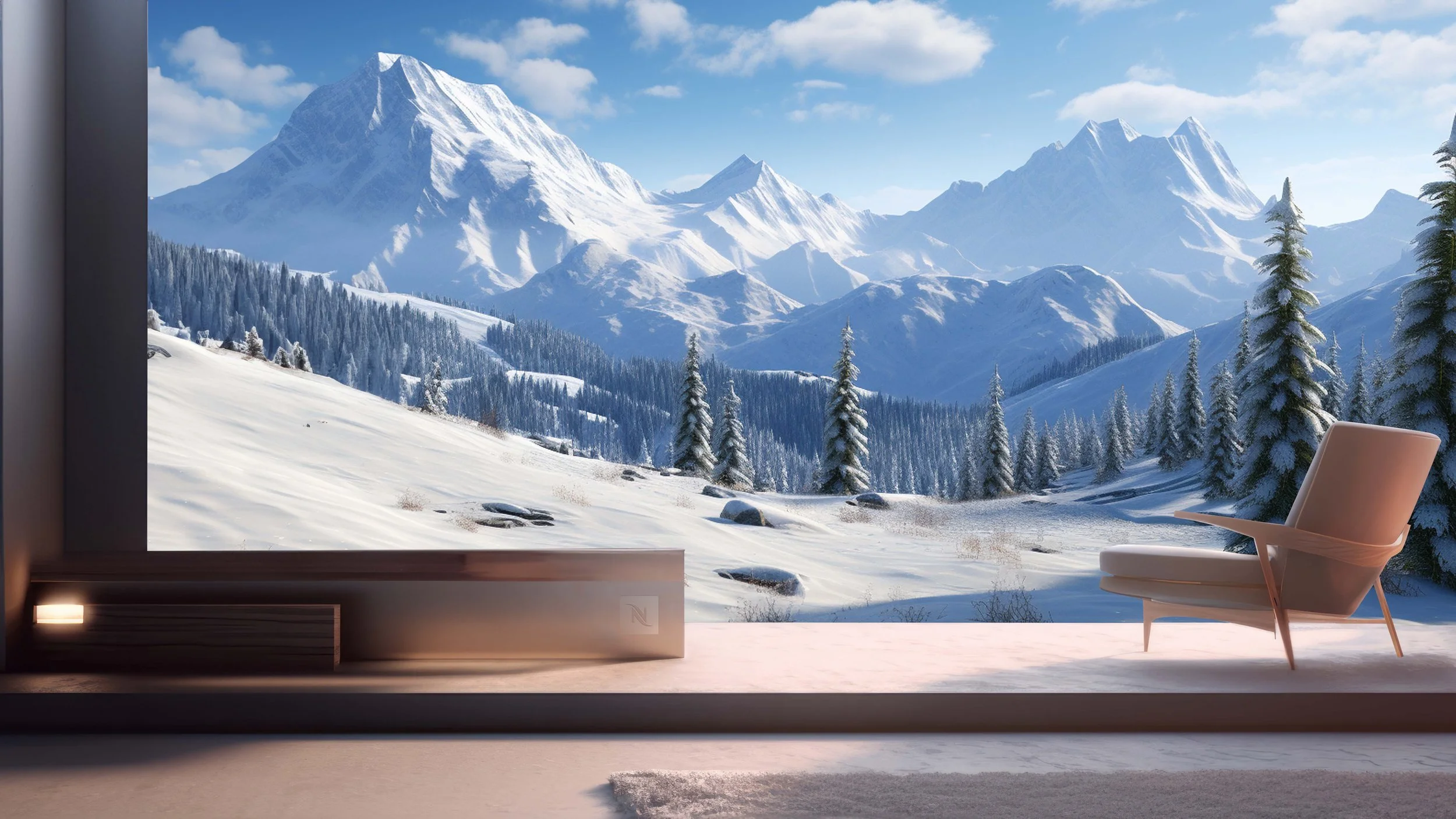 vue depuis une fenêtre sur un paysage de montagnes enneigées avec des arbres couverts de neige et un ciel en partie nuageux.