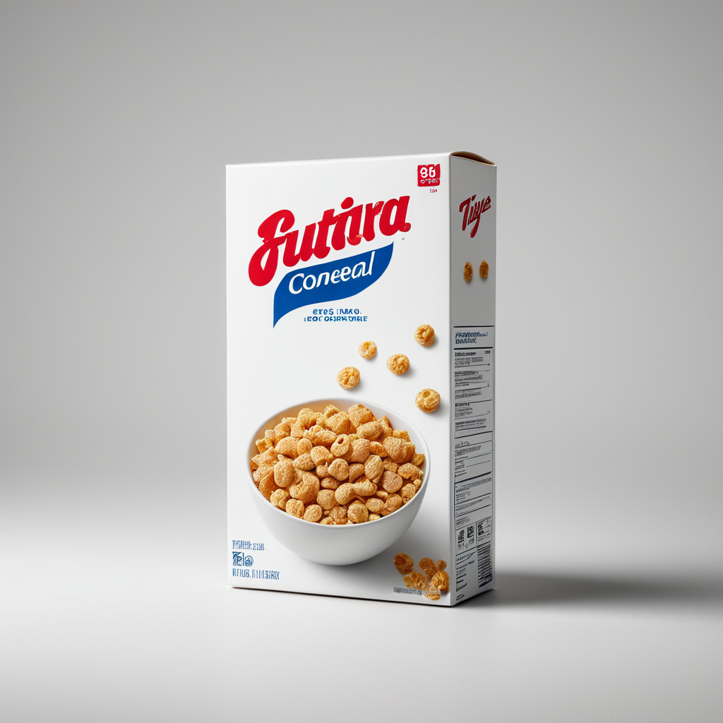 Boîte de céréales Futara Coneal avec une image d'un bol de céréales et des céréales en forme de petites boules autour.