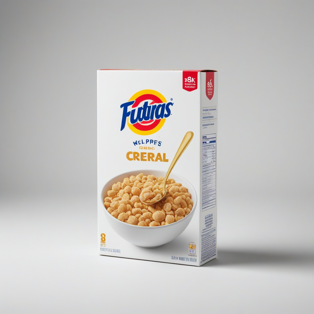 Boîte de céréales Fubas avec une tasse de céréales dans un bol blanc et une cuillère en or.