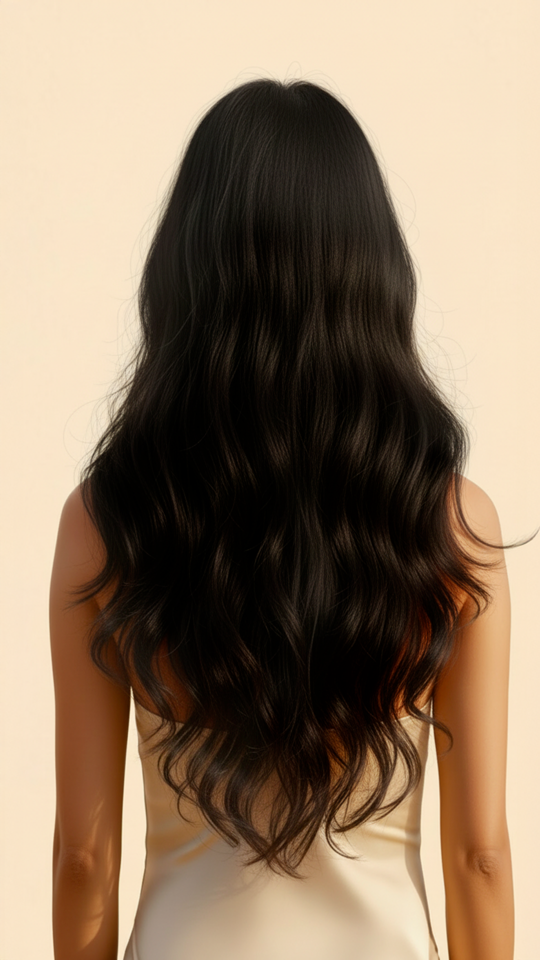 Cheveux longs, noirs et ondulés d'une femme vue de dos, porte une robe beige