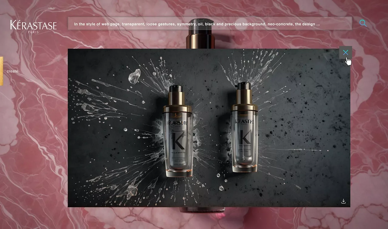 Deux flacons de produits cosmétiques sur un fond noir avec des éclaboussures blanches, entourés d'un grand espace vide, avec une bouteille derrière eux et une croix en haut à droite.