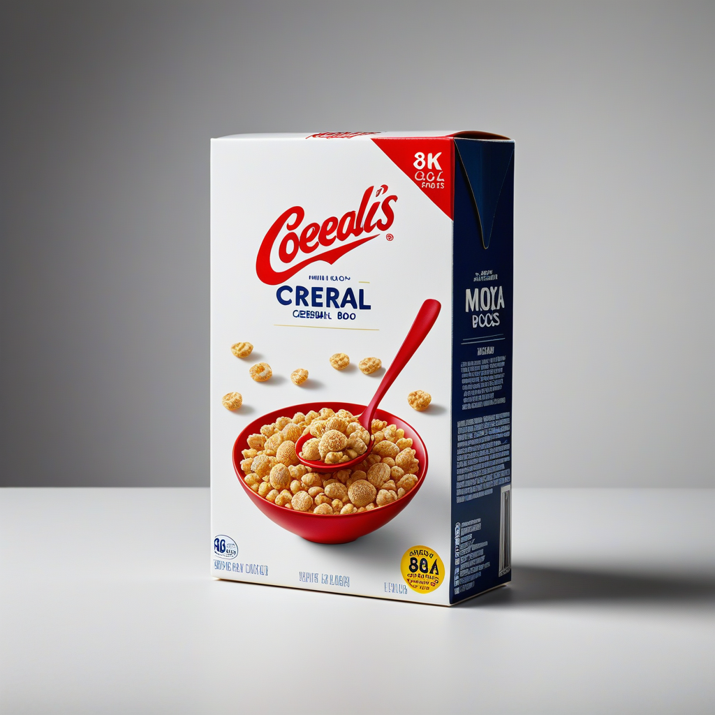 Boîte de céréales Cococalis dans un bol avec cuillère, devant un fond gris clair.