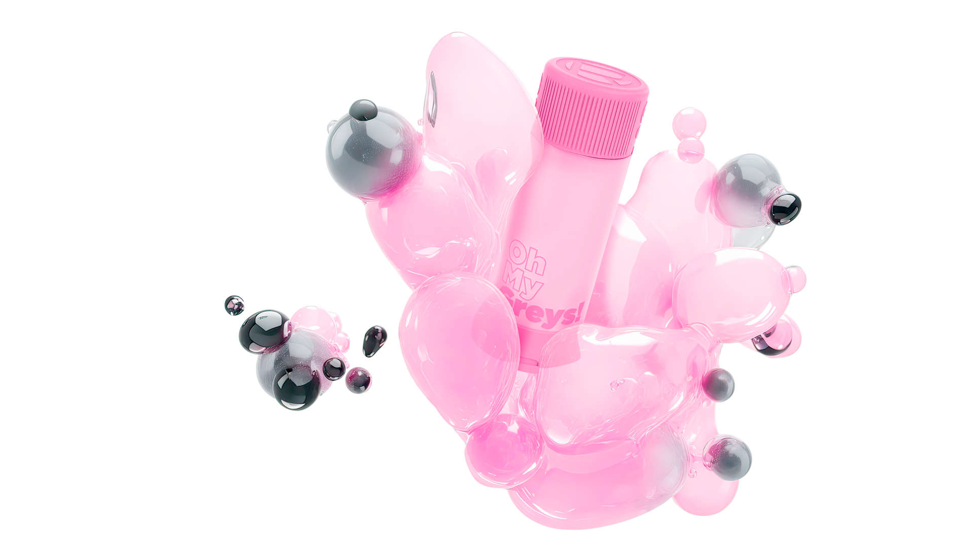 Un tube rose avec l'inscription "Oh MY Grey!" entouré de bulles roses et noires