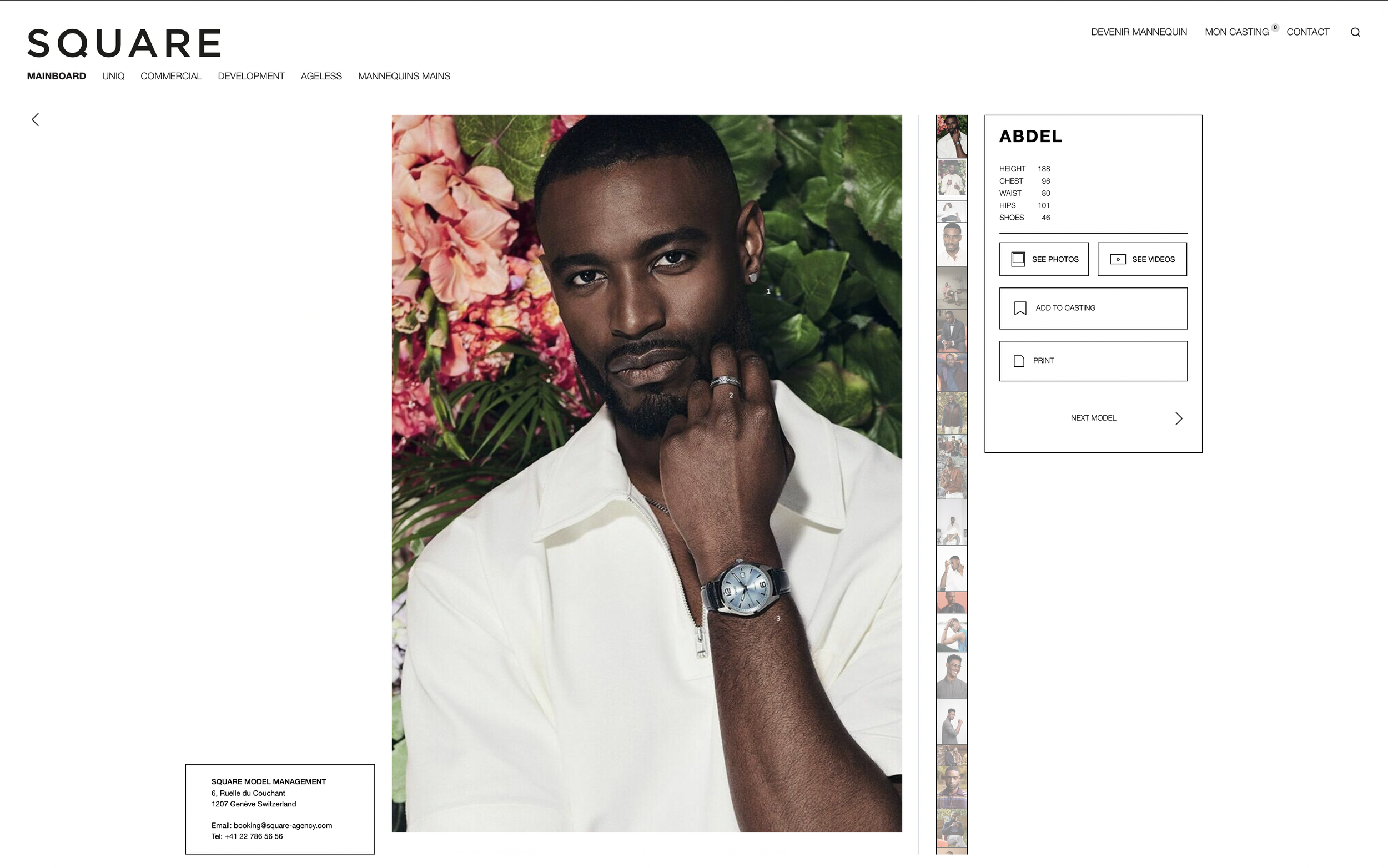 Page de profil présentant un homme noir portant une montre, avec un fond de plantes et de fleurs roses et vertes.