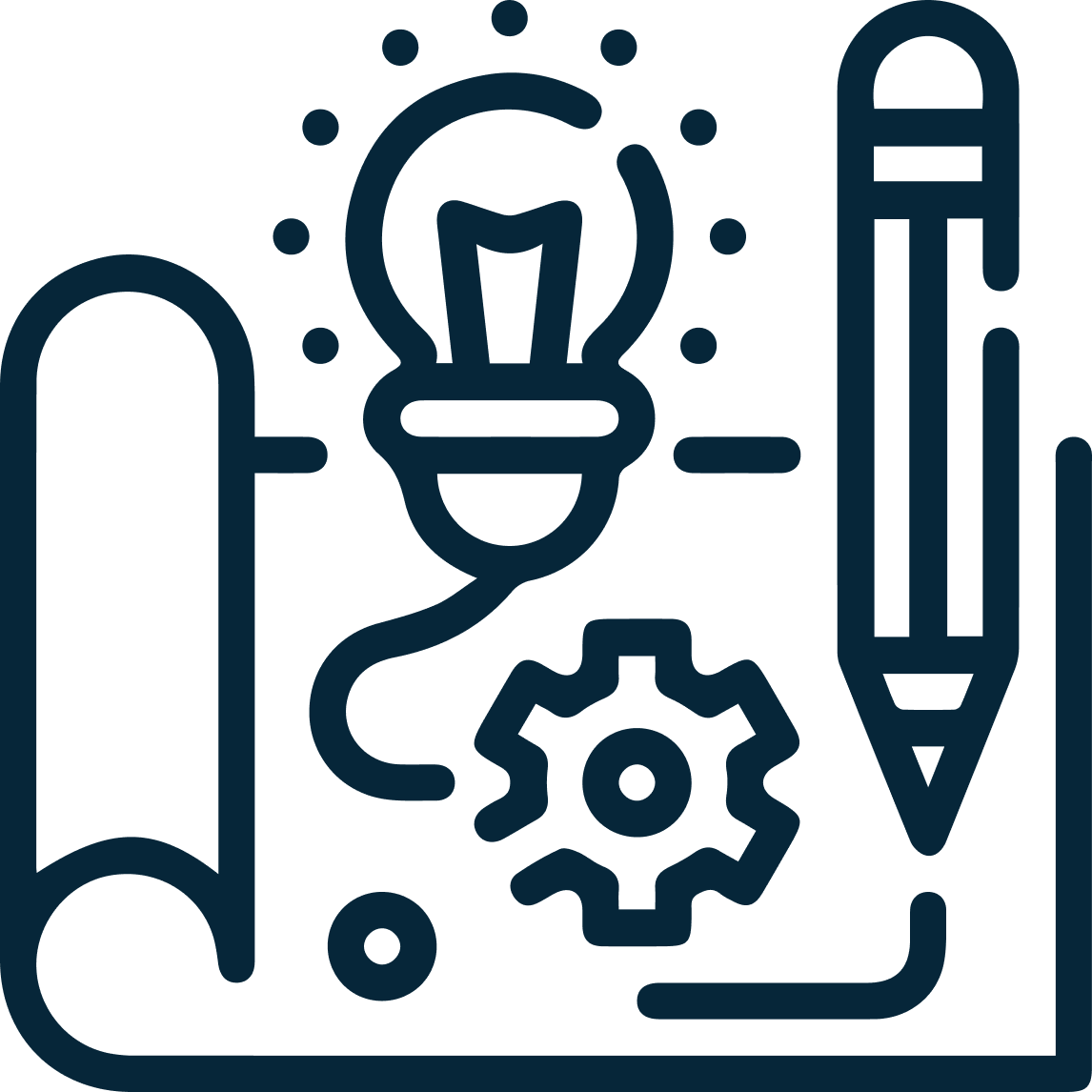 Outline of a notebook with icons of a pencil, a gear, a light bulb, and a scissors, representing ideas, projects, or creativity.
