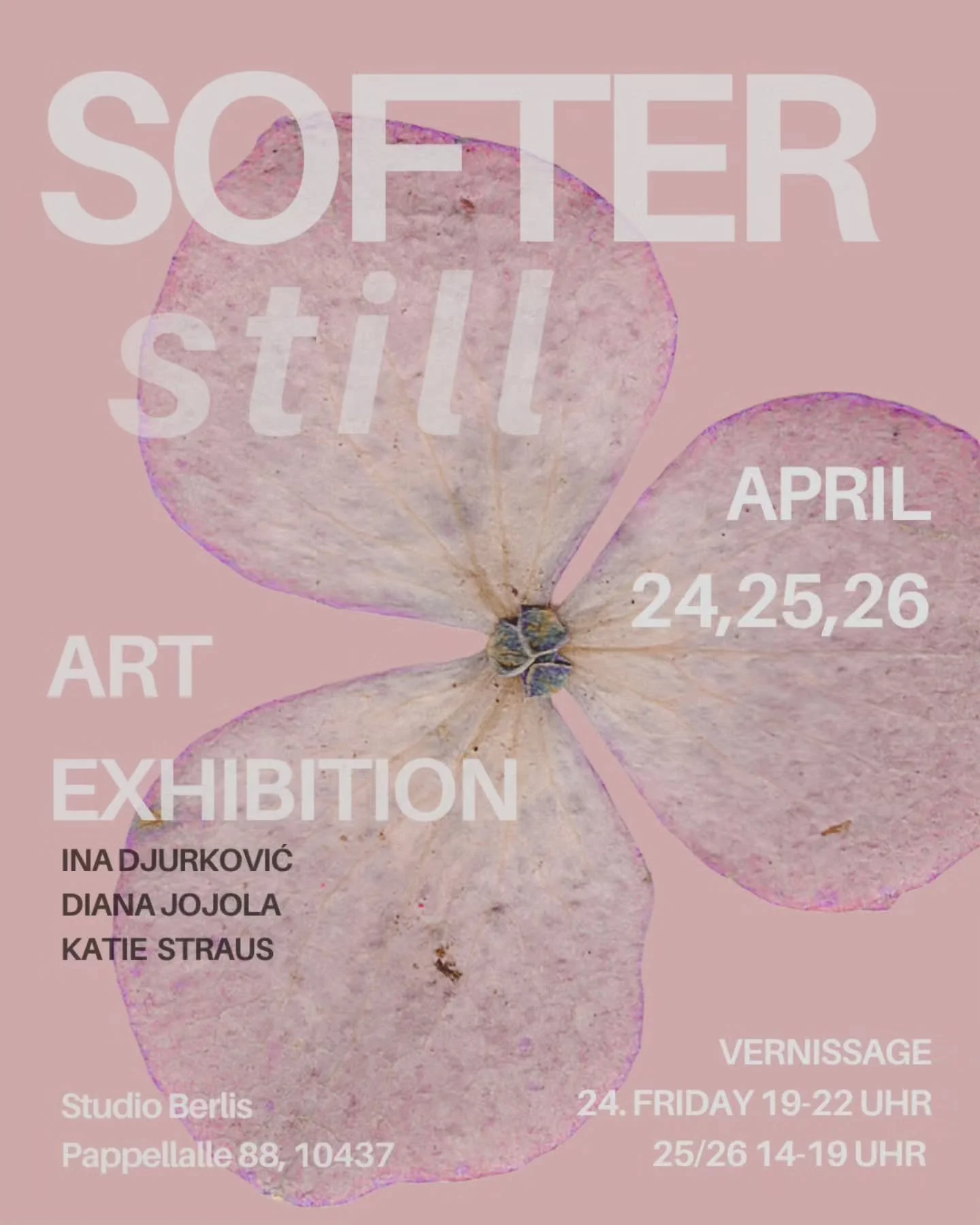 Please join us this upcoming Fri,Sat,Sun for the opening and exhibition of Softer Still ~

Together with @ina_berlina and @studiojojola we will be showing work at my studio exploring the themes of softness and stillness. 

Vernissage 24. April, 19-22