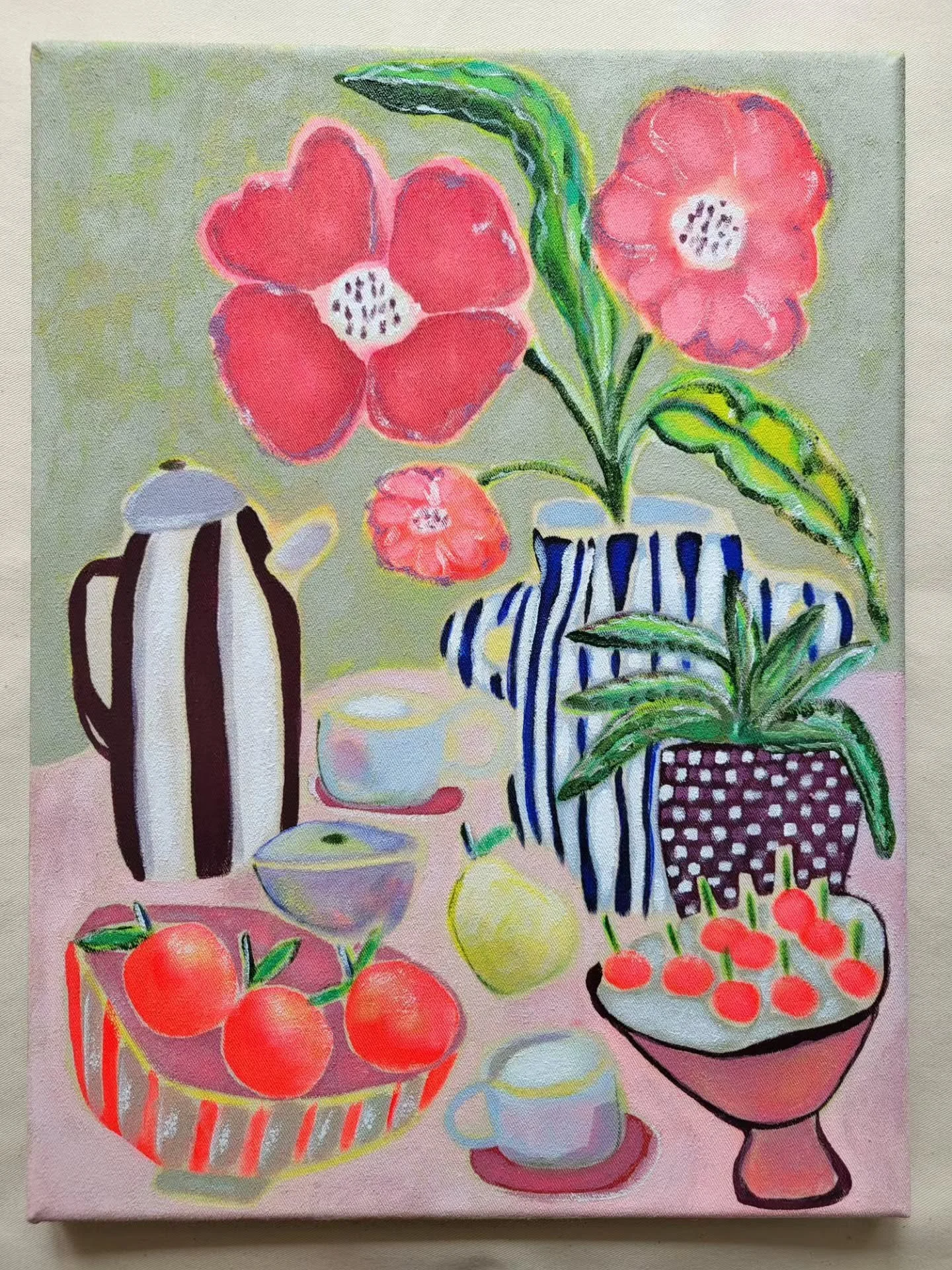 Six new paintings for May ~ these are all painted on hand stretched raw canvas. I had very little plan for this months series but I knew I wanted to paint on unprimed canvas. I am feeling a pretty strong pull lately to imperfection and, for, seeing t