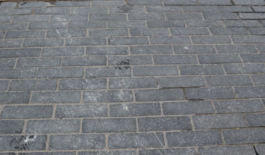 Image is of a blue limestone straight edged cobble stone laid in a garden in Newry