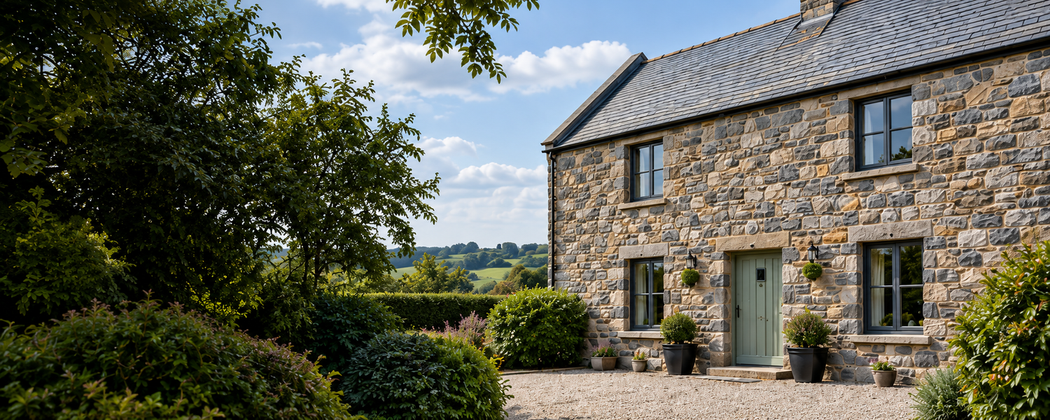 House exterior with natural stone walls, pale window surrounds and a landscaped entrance