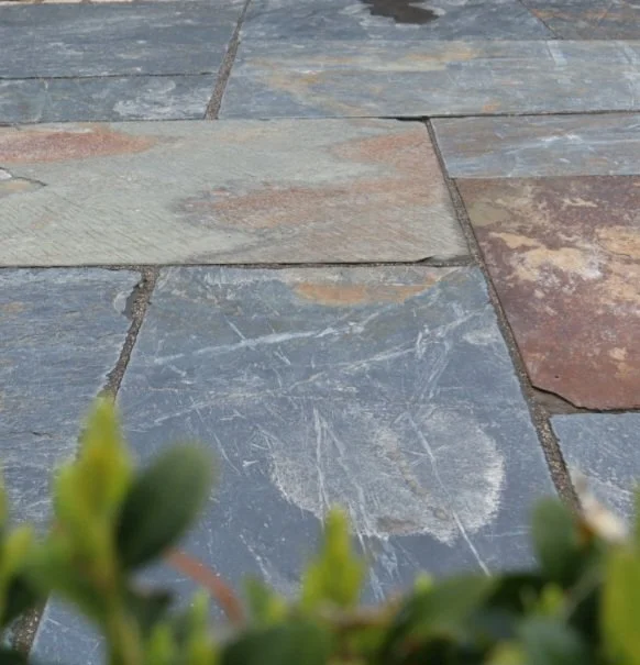 Image of a rustic slate paving used in a garden pathway and Patio in Newry 