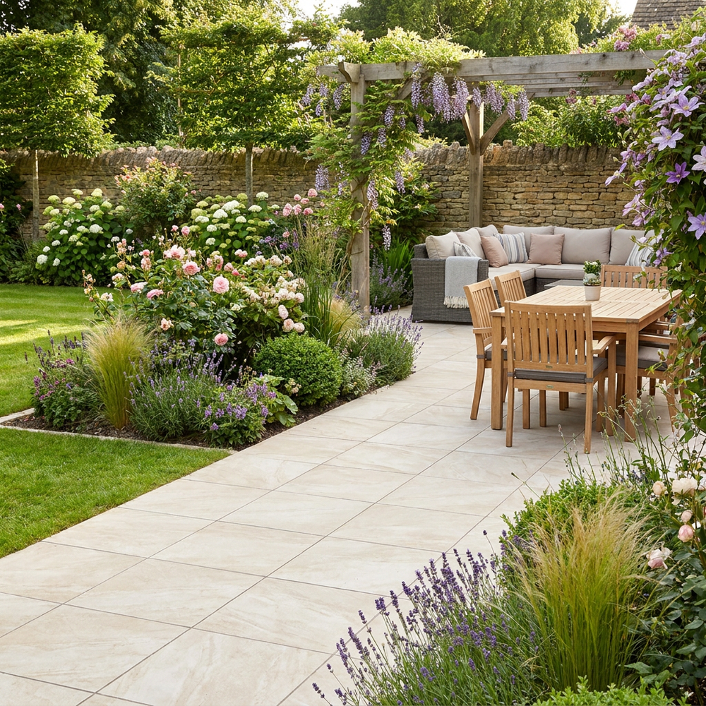 Illustrative garden with pale stone paving, planted borders and an outdoor seating area