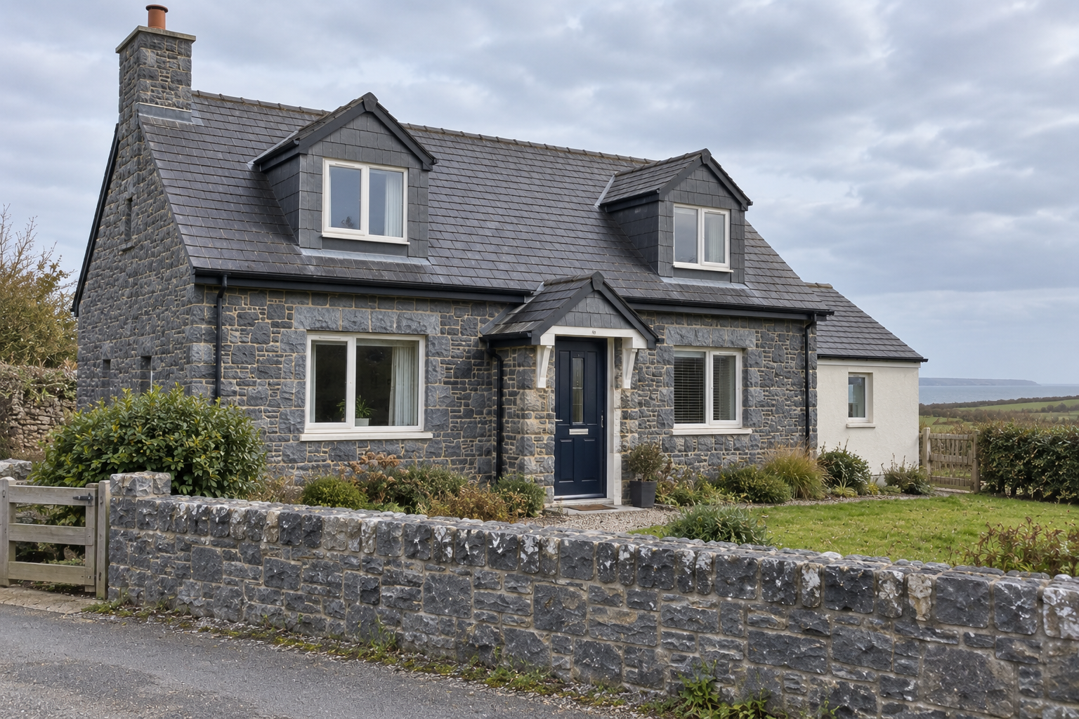 Illustrative cottage with grey natural stone cladding, dormer windows and a matching stone boundary wall