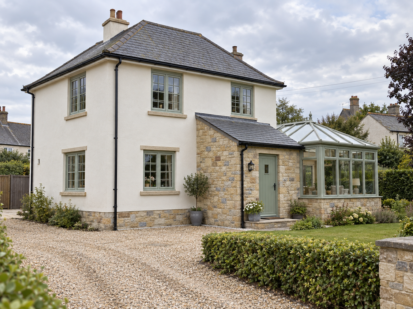 Illustrative cream-rendered house with warm-toned natural stone cladding around the entrance and lower walls