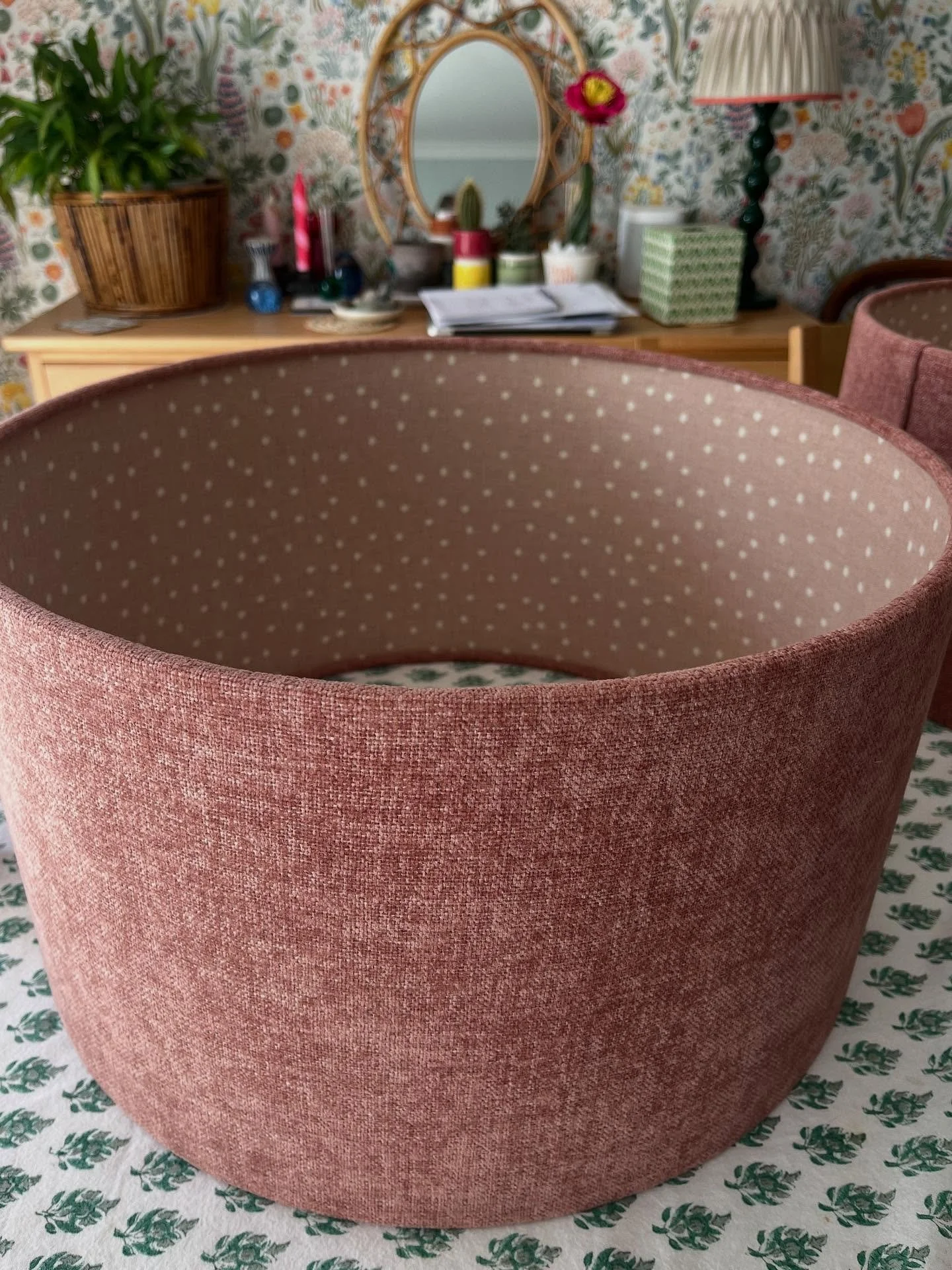 Double sided contemporary lampshades can be a challenge where the seam is concerned - it can gape especially using thicker fabrics such as this on the outside.
Slip stitching the seam both inside and out rectifies this - neat eh? 
I mean you can use 