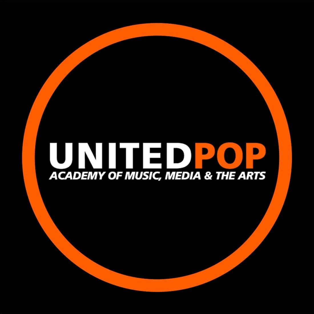 Logo for United Pop, an academy of music, media, and the arts, featuring a black background with an orange circle and white and orange text.