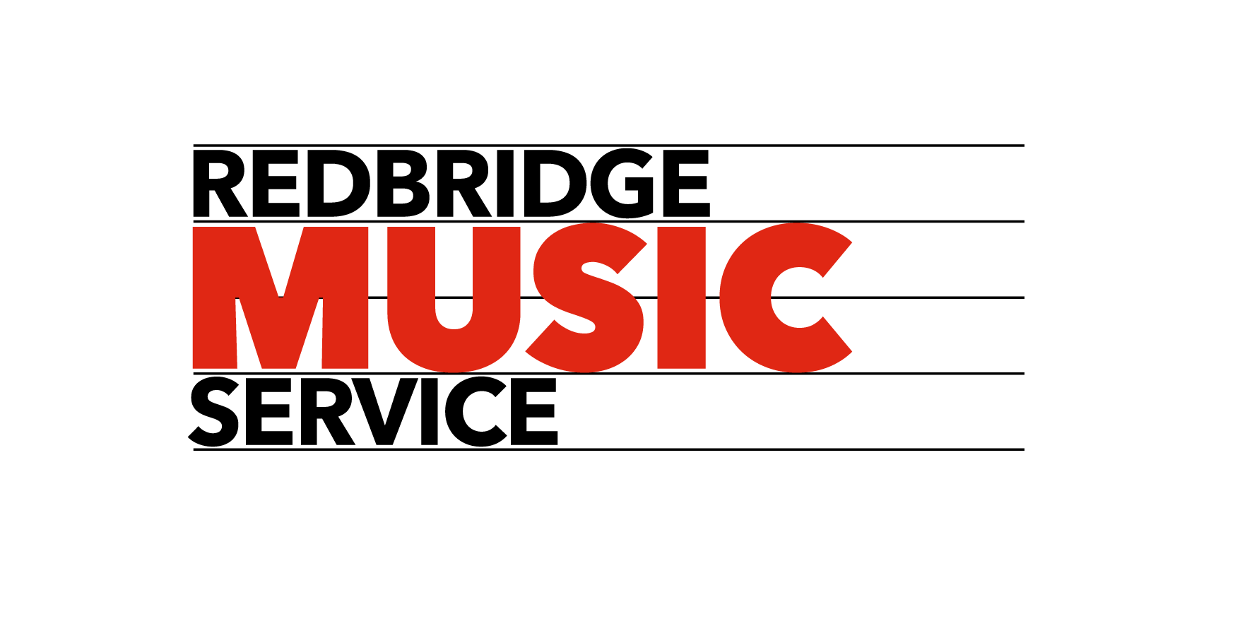 The logo for Redbridge Music Service features a black background with the words "Redbridge Music Service" in white, above the large red word "MUSIC" in capital letters.
