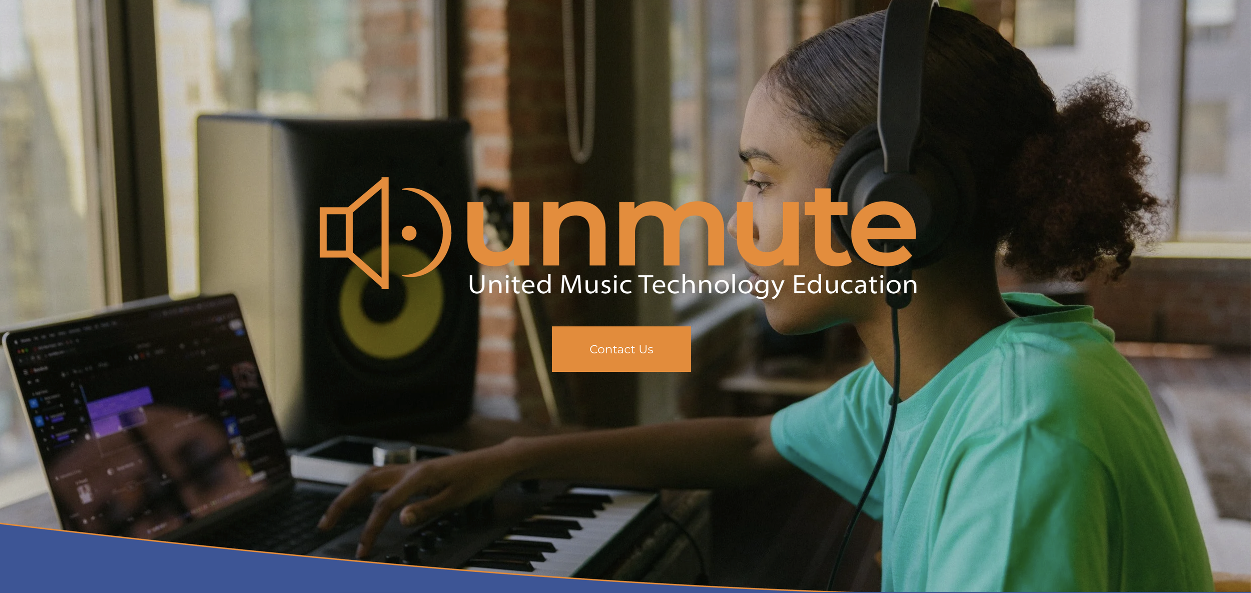 A young woman in a teal shirt using a laptop and a MIDI keyboard in a room with large windows and musical equipment, promoting United Music Technology Education.