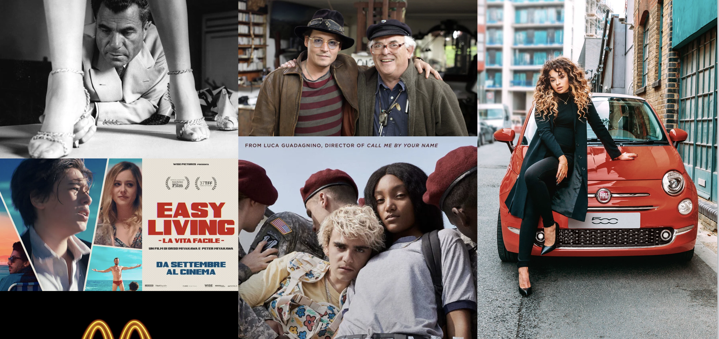 Collage of images including a black-and-white photo of a man playing pool, a group of three men smiling, a movie poster titled "Easy Living," a woman sitting on a red Fiat 500 car in an urban setting, and a group of young people dressed in casual clothes.