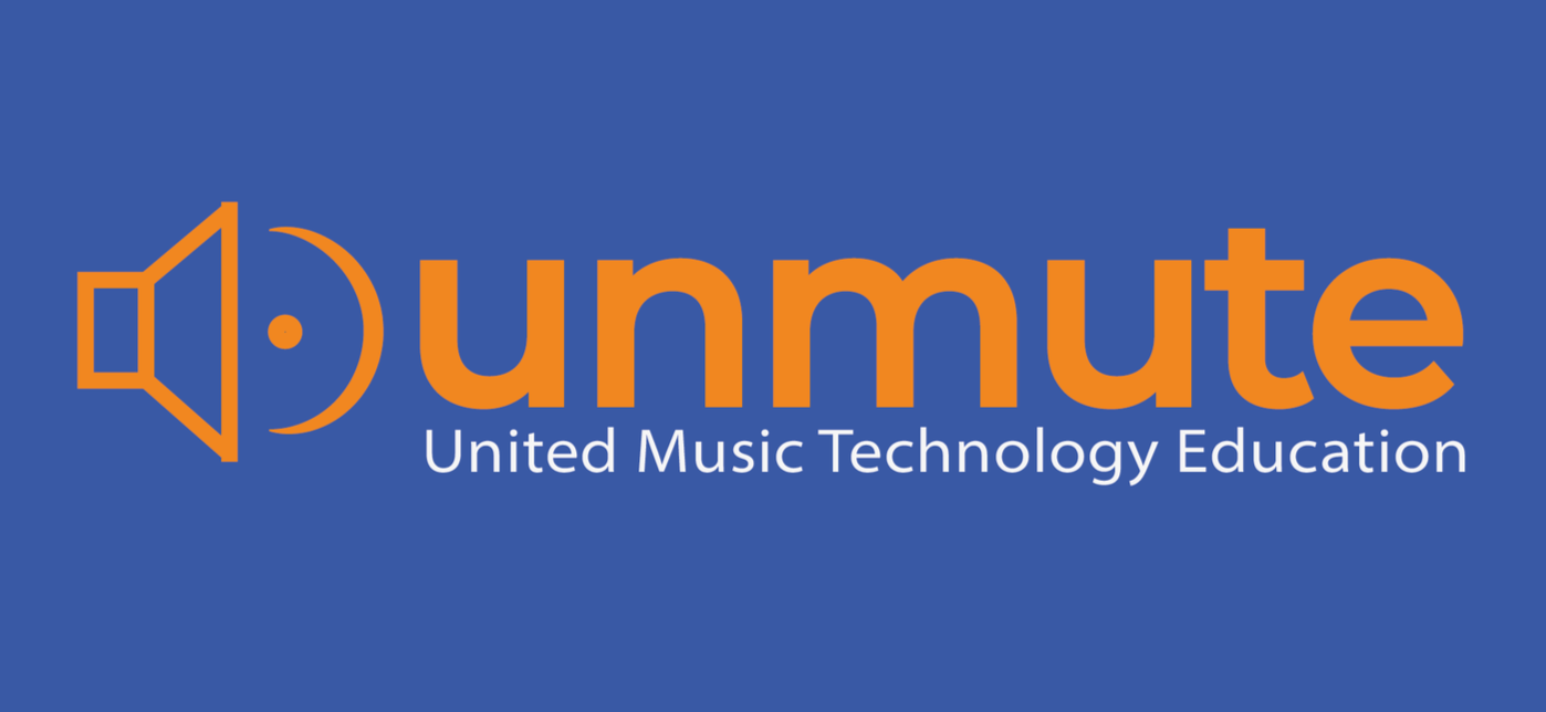 Logo of unmute, featuring an orange speaker icon, with the text 'unmute' in large orange letters and 'United Music Technology Education' in smaller white letters below, on a blue background.