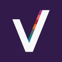 A white letter V with a rainbow-colored stripe on the right side, set against a dark purple background.
