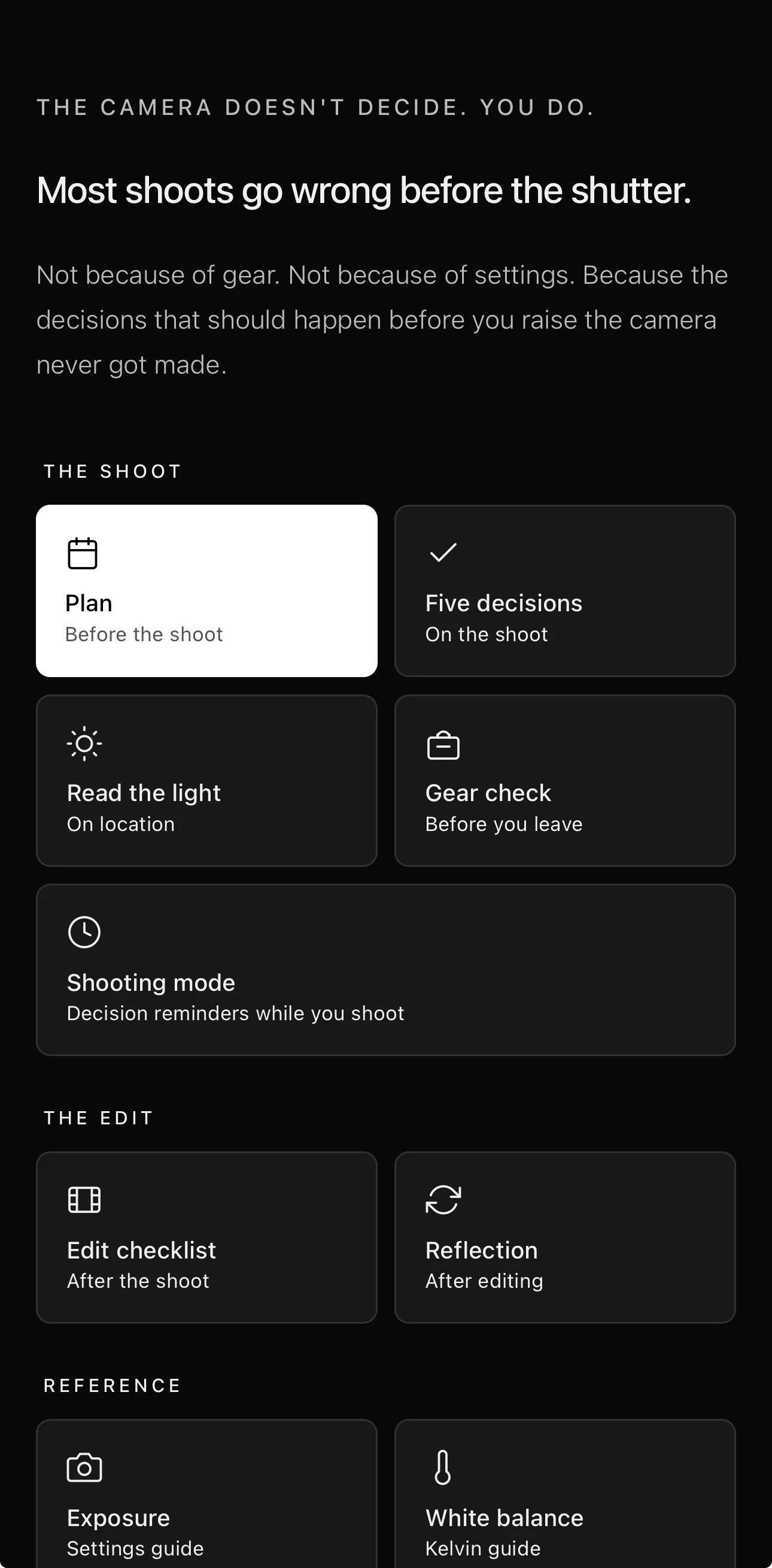 Before The Shot browser app home screen showing planning, shooting and review options