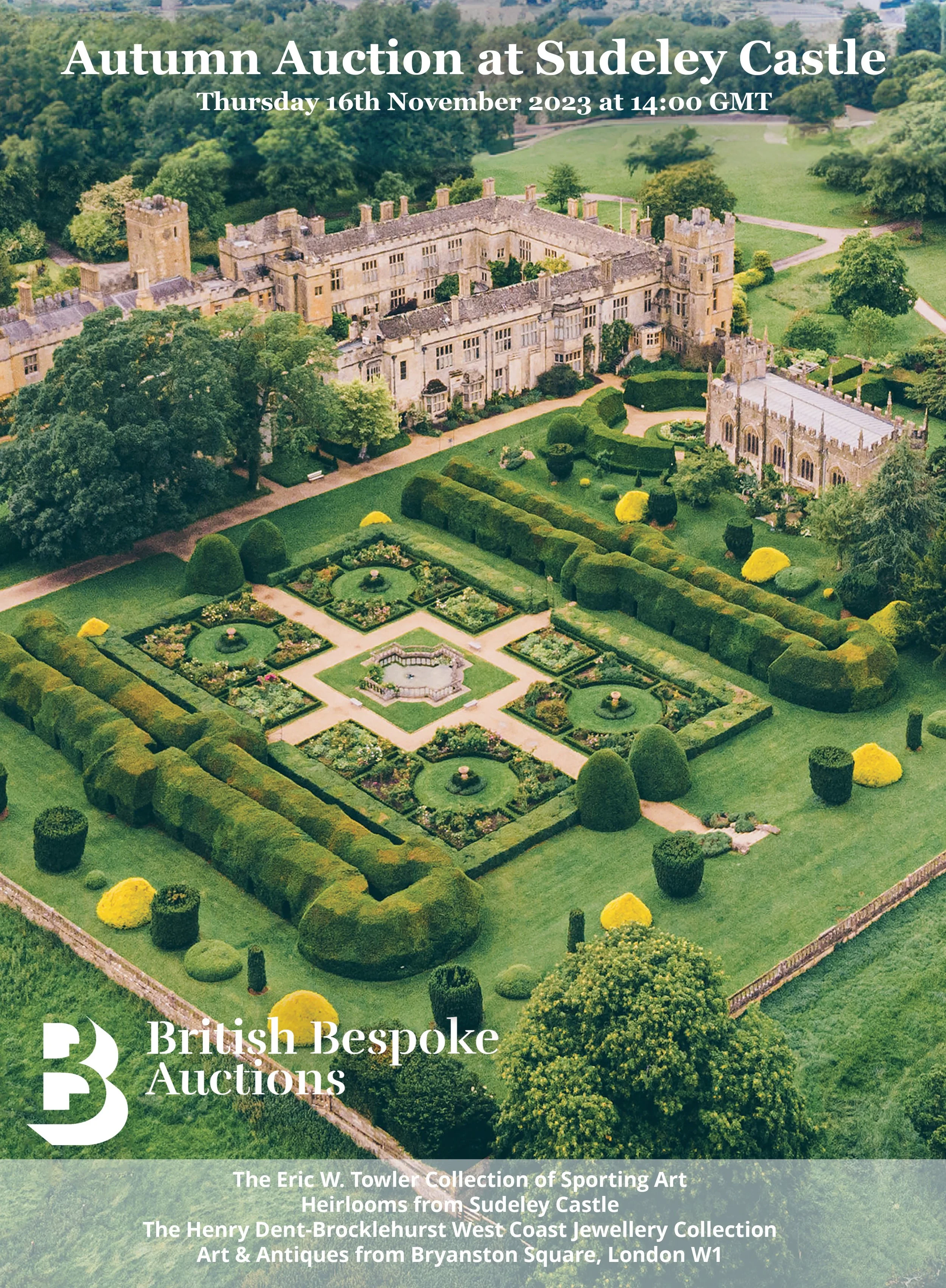 Flyer for the Autumn Auction at Sudeley Castle on November 16, 2023, featuring an aerial view of Sudeley Castle and its gardens in green landscape.