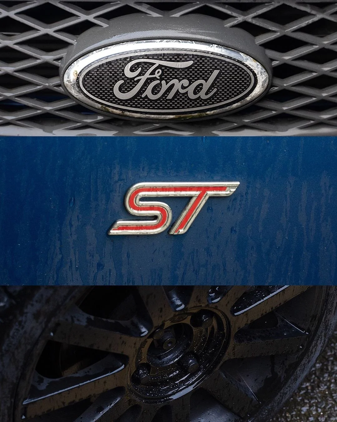 Close-up of a Ford vehicle front grille with an oval Ford emblem, a blue body with an ST badge, and a black wheel with shiny spokes and some dirt.