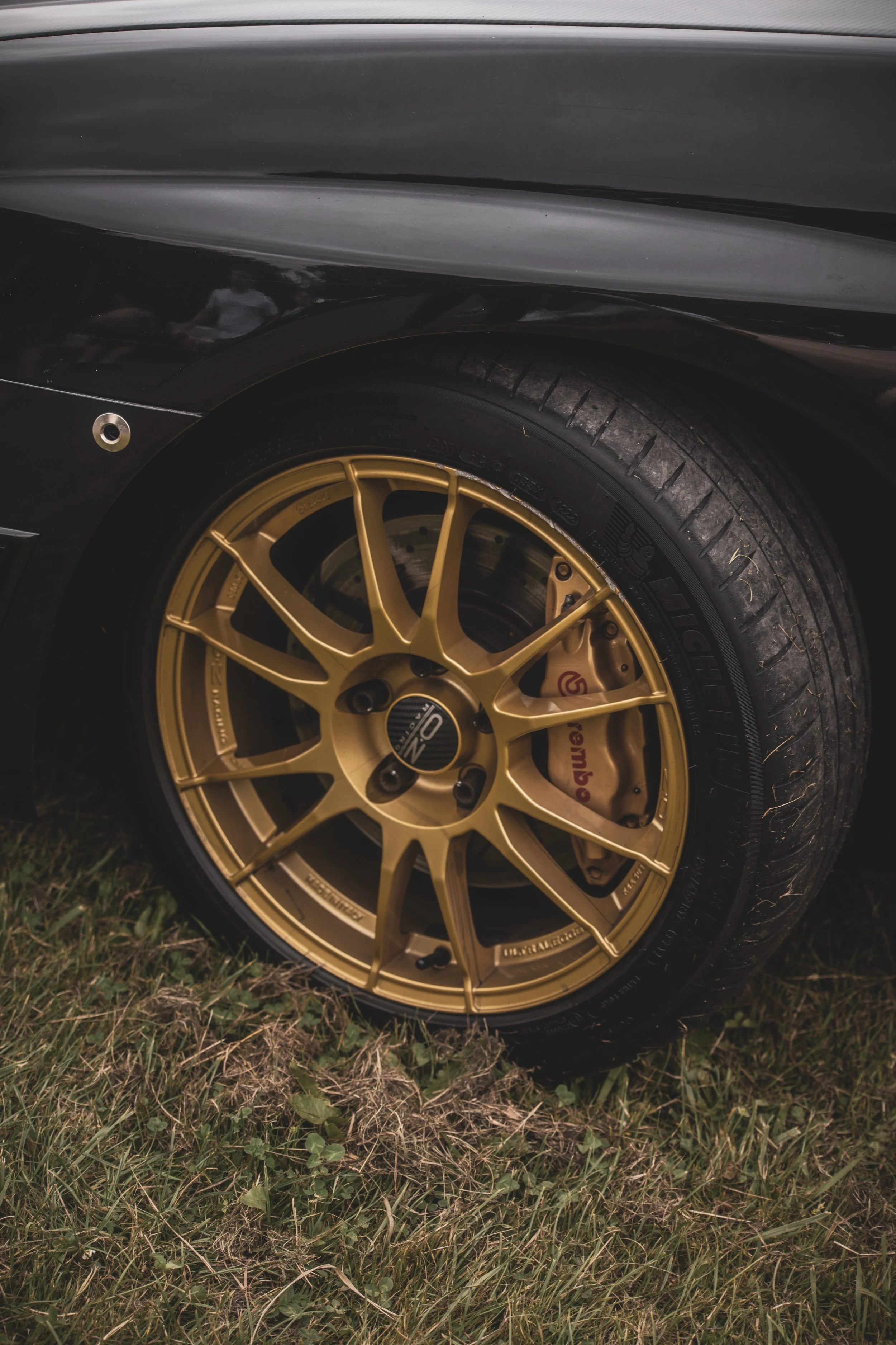 Close-up of a black car's front wheel with a gold alloy rim and Brembo brake caliper, on grass.