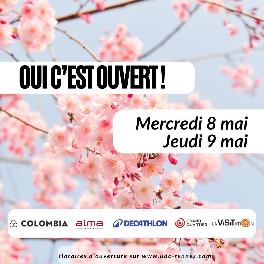 📣Les boutiques des centres commerciaux @centregrandquartier , @lavisitation.rennes , @colombiarennes , et @centrealma , ainsi que le magasins @decathlon_betton sont exceptionnellement ouverts mercredi 8 et jeudi 9 mai !