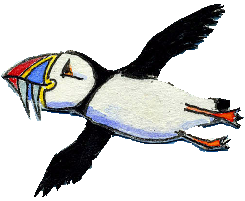 An illustration of a puffin with fish in it's beak