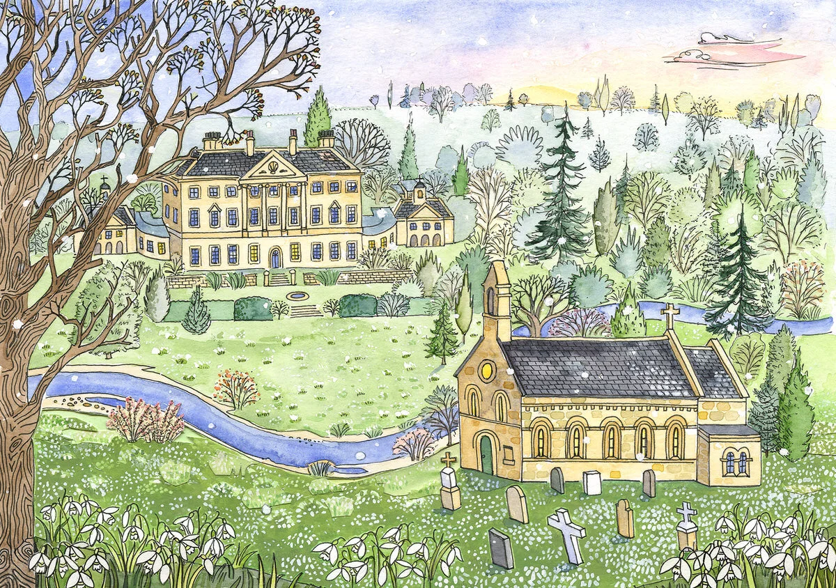 A print of a painting of the snowdrops at Howick Hall Gardens