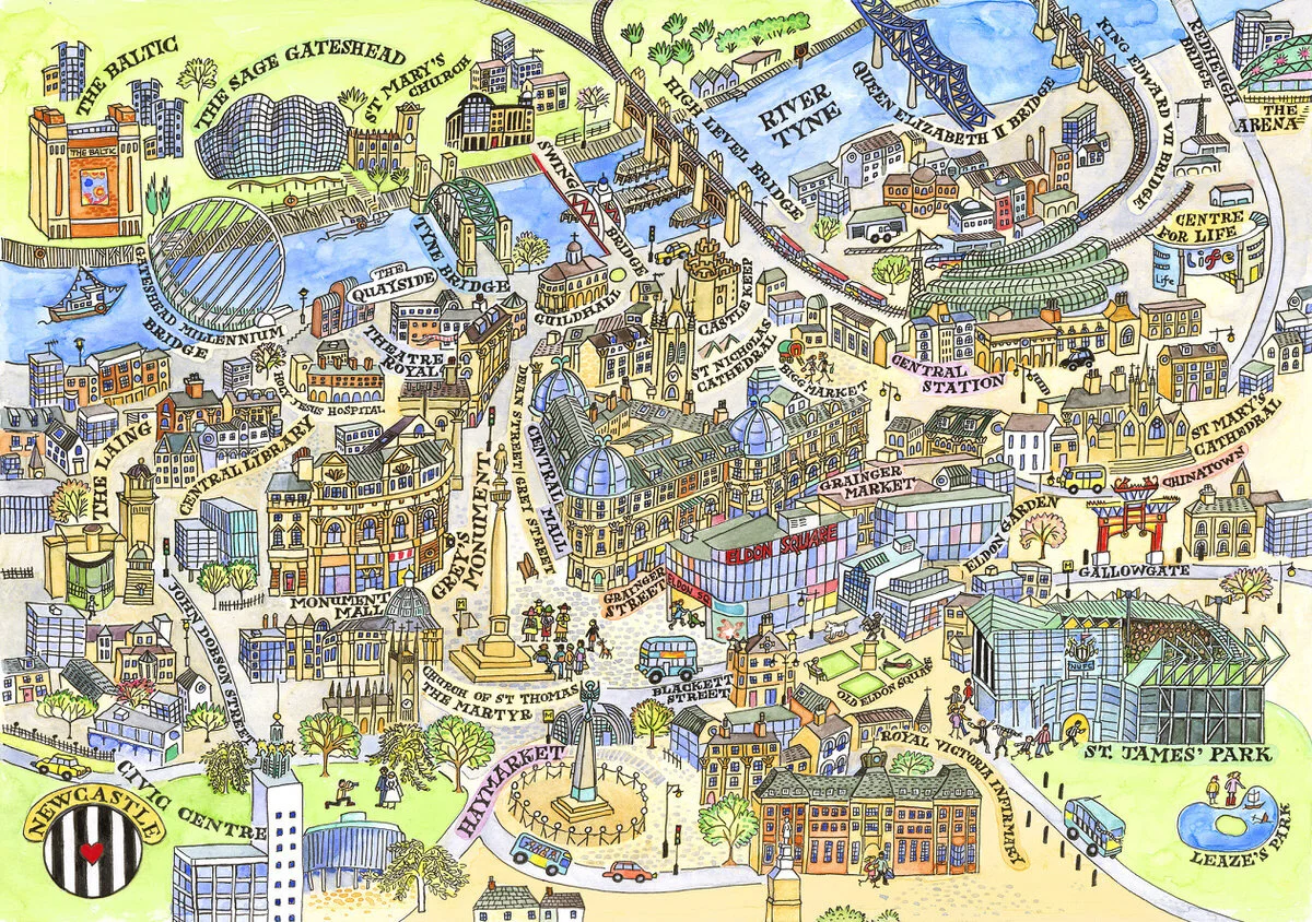 A print from an illustrated map of Newcastle