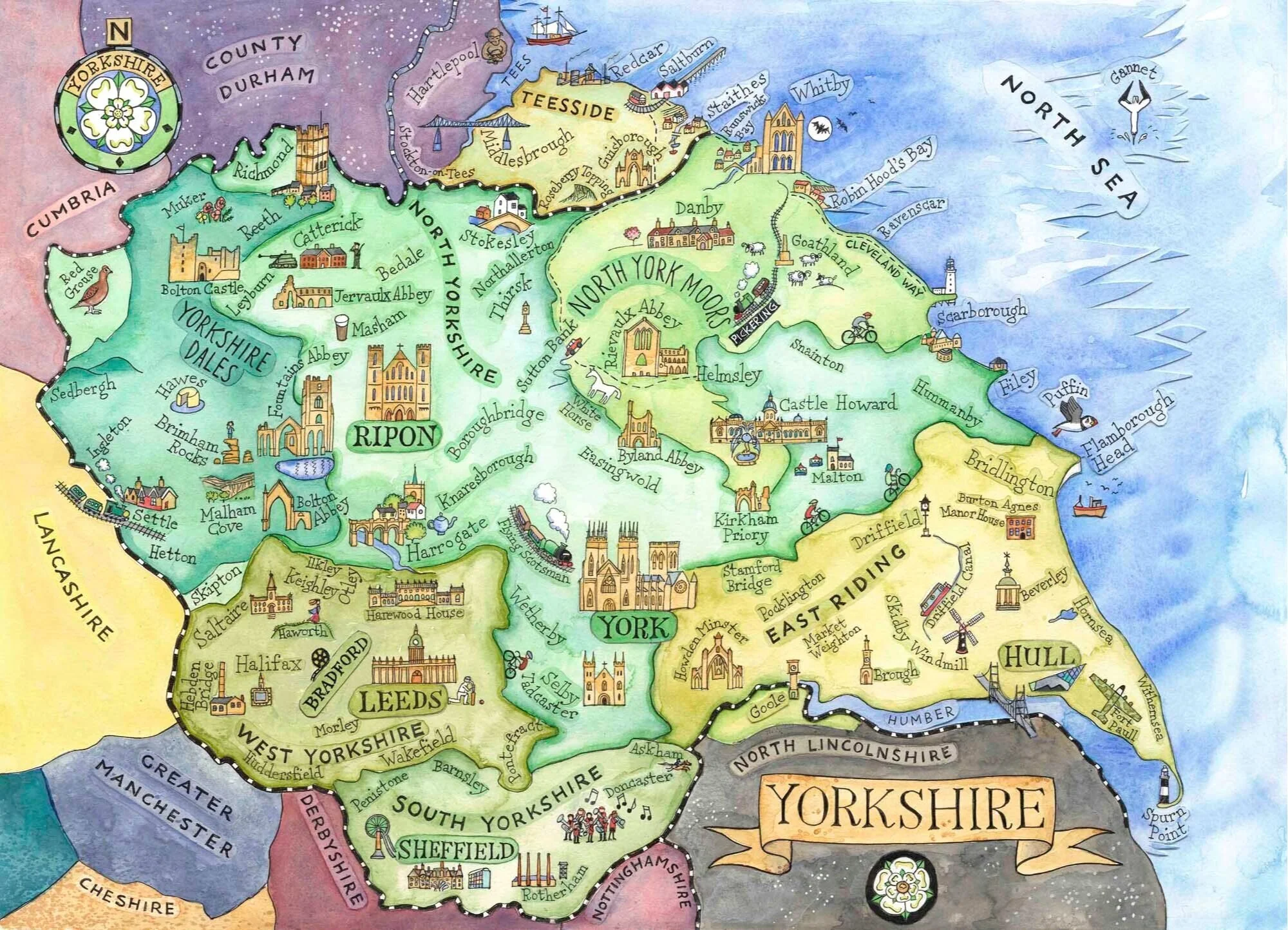 Greetings card from an illustrated map of Yorkshire