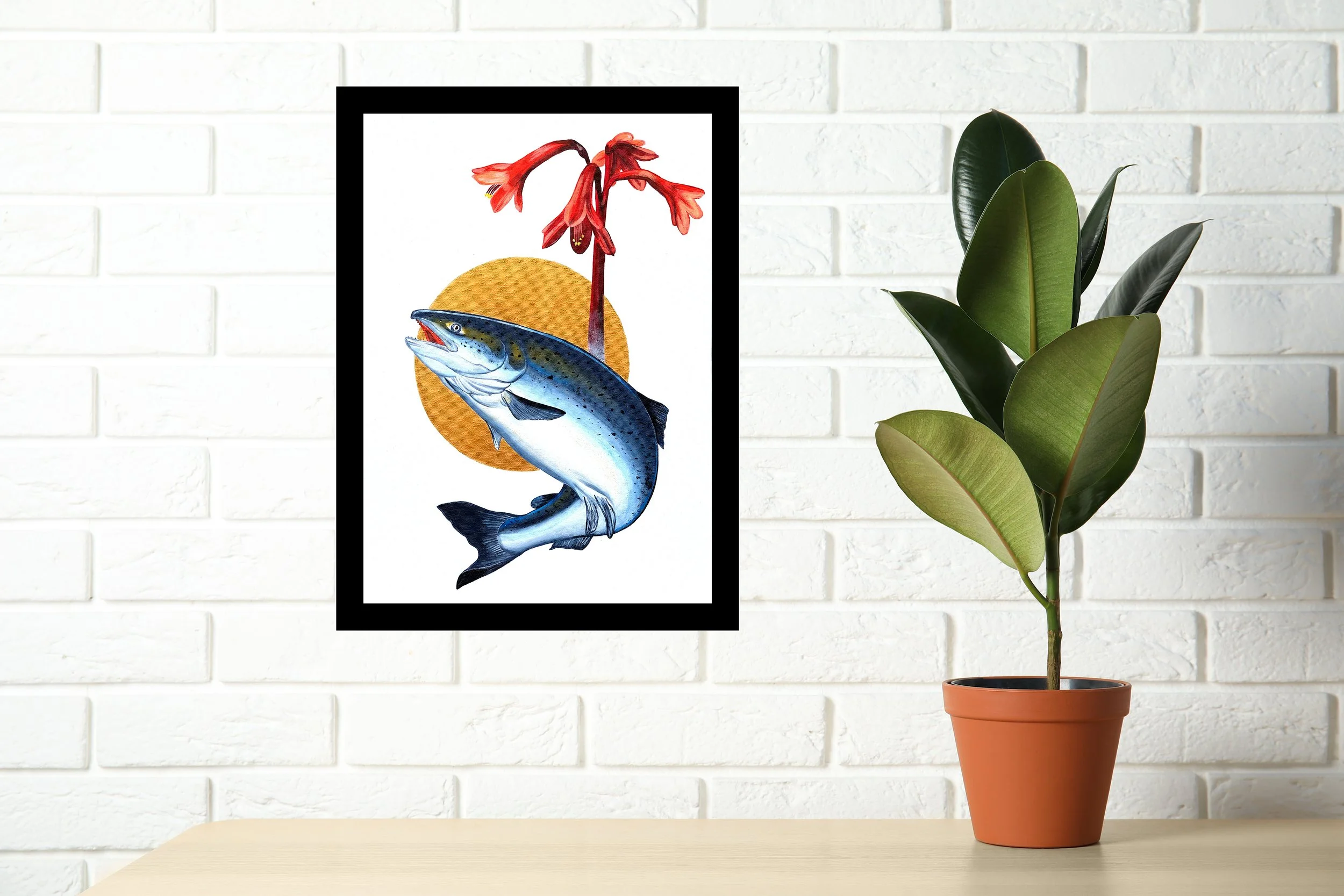 Salmon & Firelilly - Original Acrylic on Canvas A3 Framed Painting