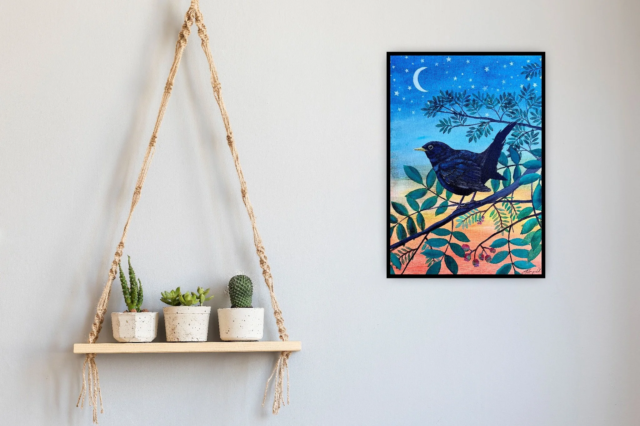 Blackbird - Original Acrylic on Canvas A3 Framed Painting