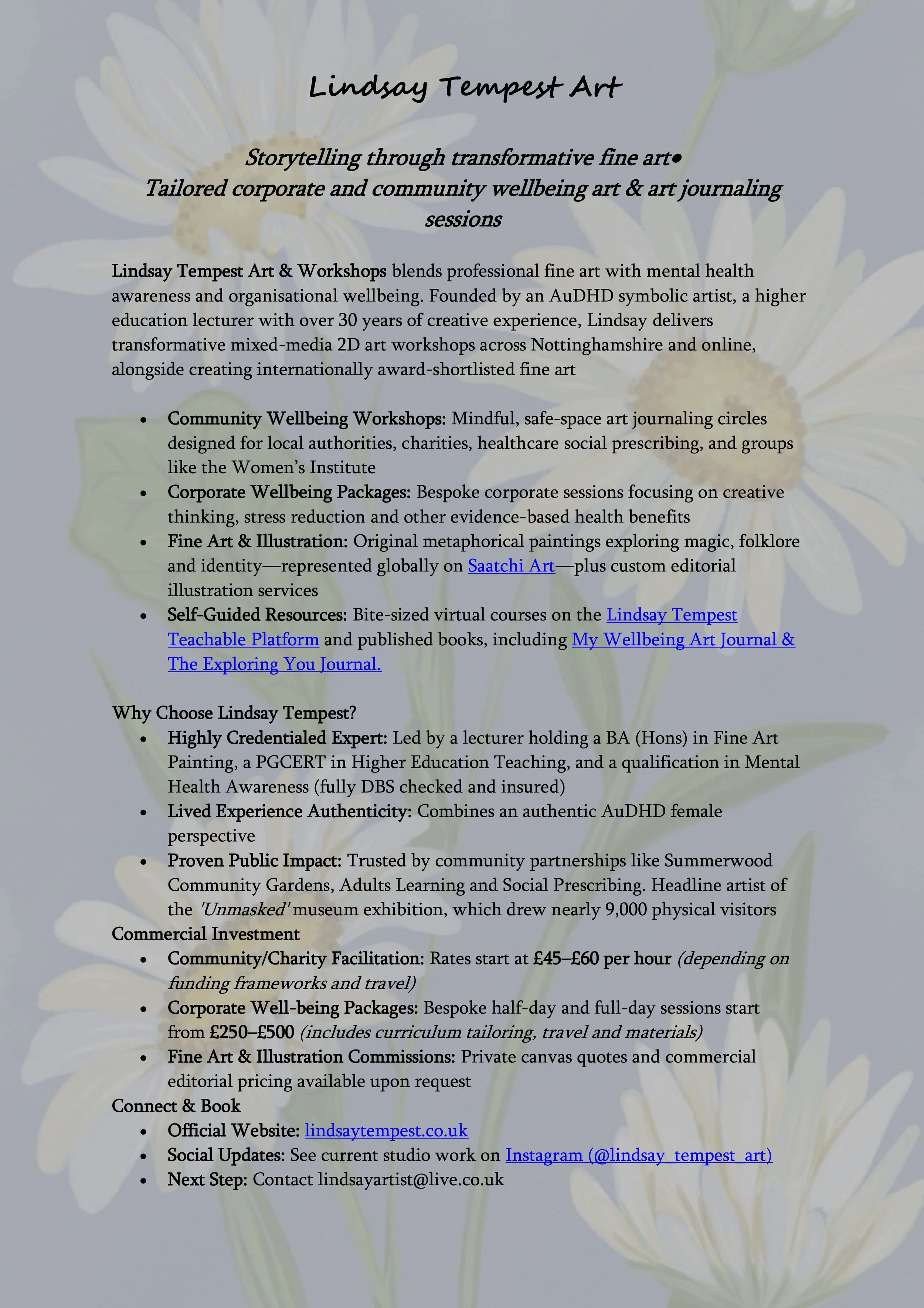 An informational flyer or website page featuring Lindsay Tempest Art, highlighting her fine art, workshops, community wellbeing programs, mental health focus, and contact details